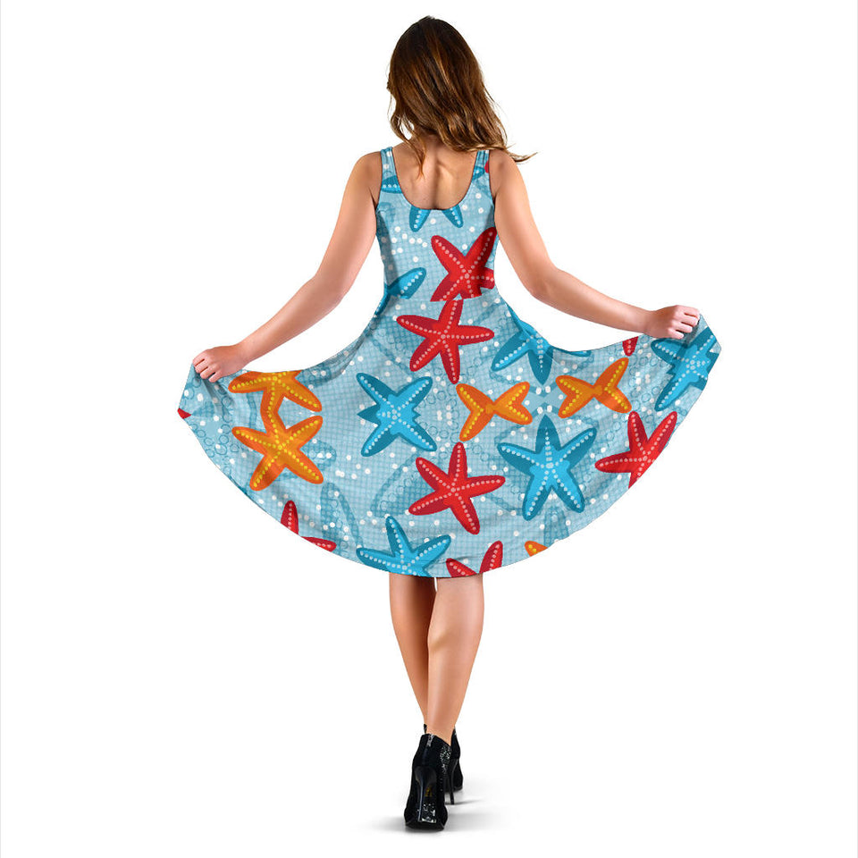Blue Red Orange Starfish Pattern Sleeveless Midi Dress