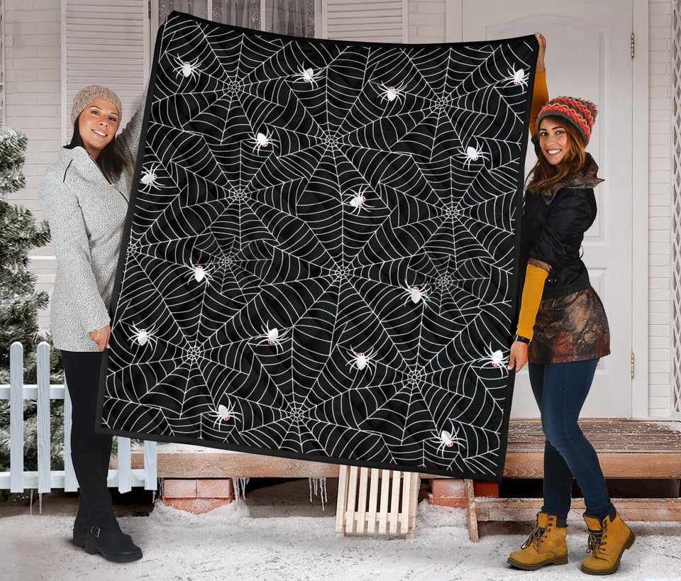 Spider Web Design Pattern Black Background White Cobweb Premium Quilt