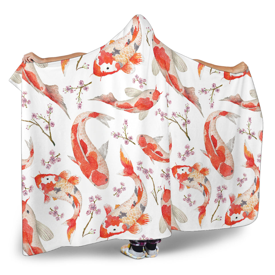 Watercolor Koi Fish Carp Fish Pattern Hooded Blanket