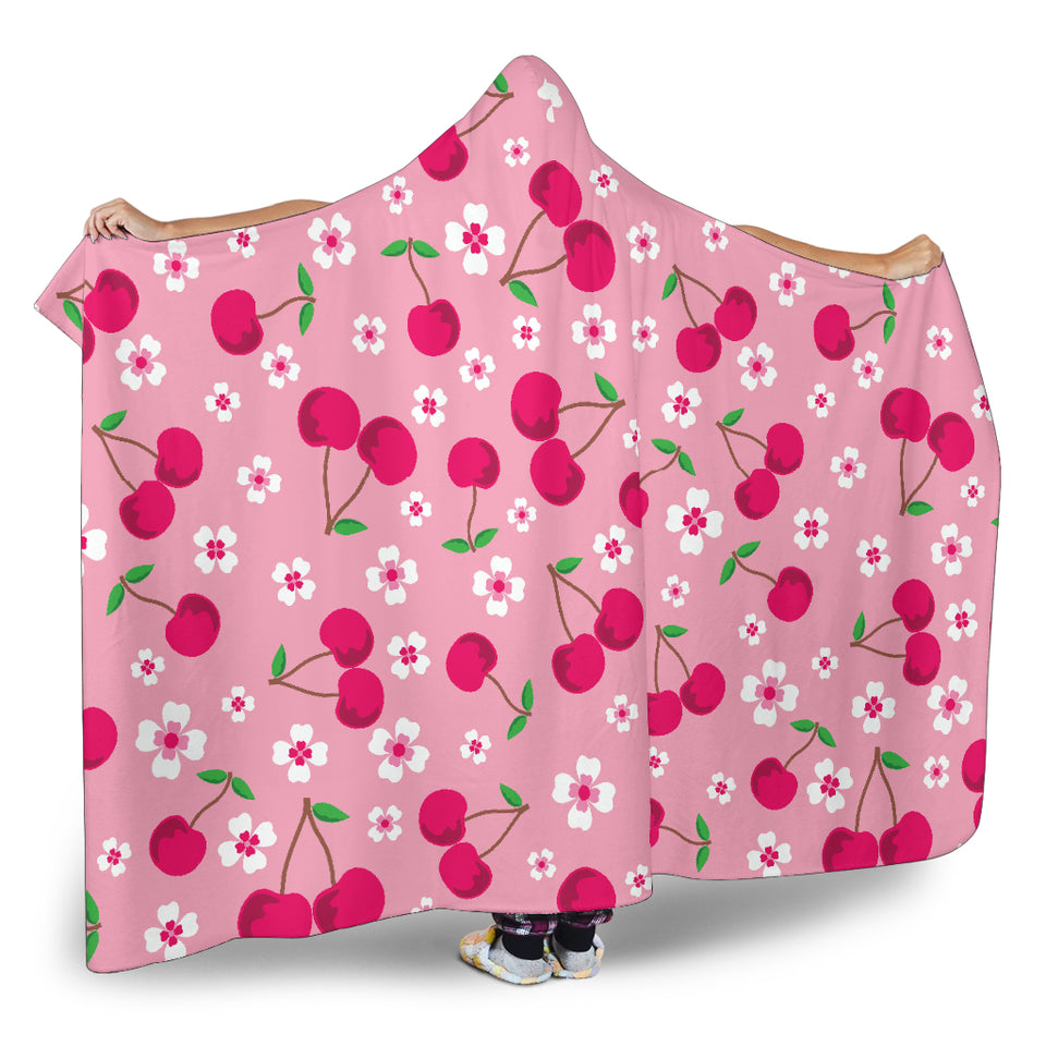 Cherry Flower Pattern Pink Background Hooded Blanket