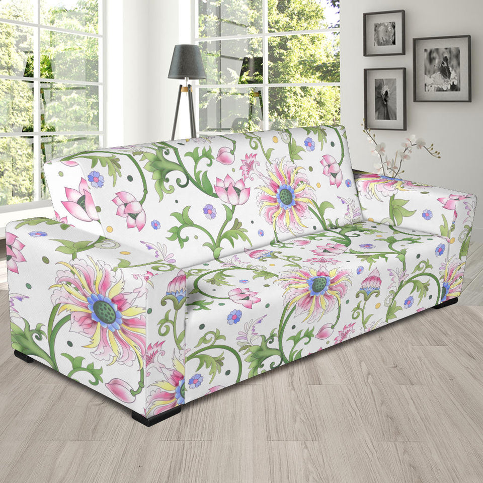Beautiful Pink Lotus Waterlily Leaves Pattern Sofa Slipcover