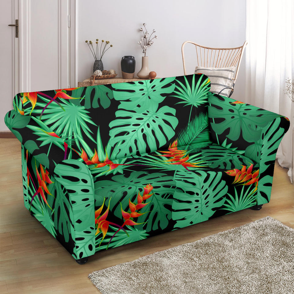 Heliconia Flower Palm Monstera Leaves Black Background Loveseat Couch Slipcover