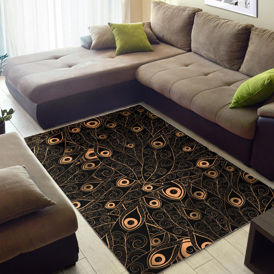Gold Peacock Feather Pattern Area Rug