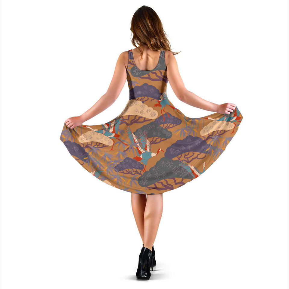 Bonsai Bamboo Stork Japanese Pattern Brown Theme Sleeveless Midi Dress