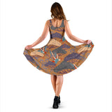 Bonsai Bamboo Stork Japanese Pattern Brown Theme Sleeveless Midi Dress