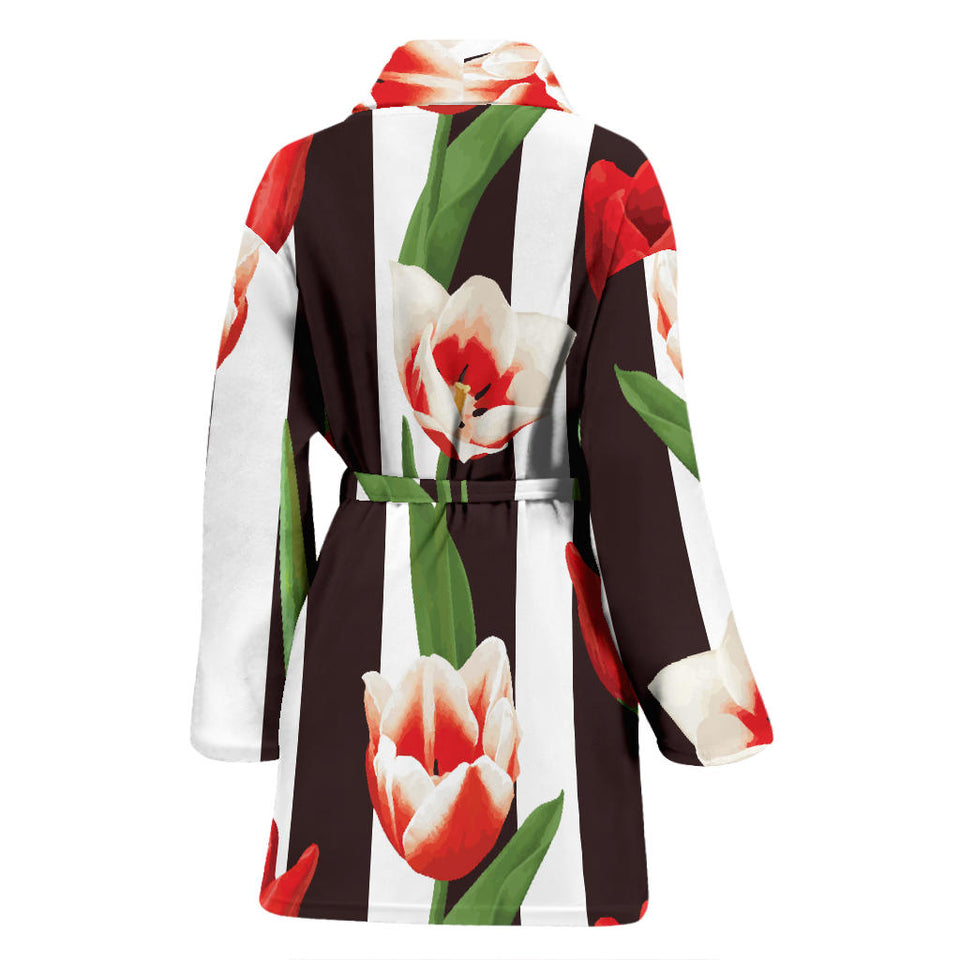 Red And White Tulips Pattern Women'S Bathrobe