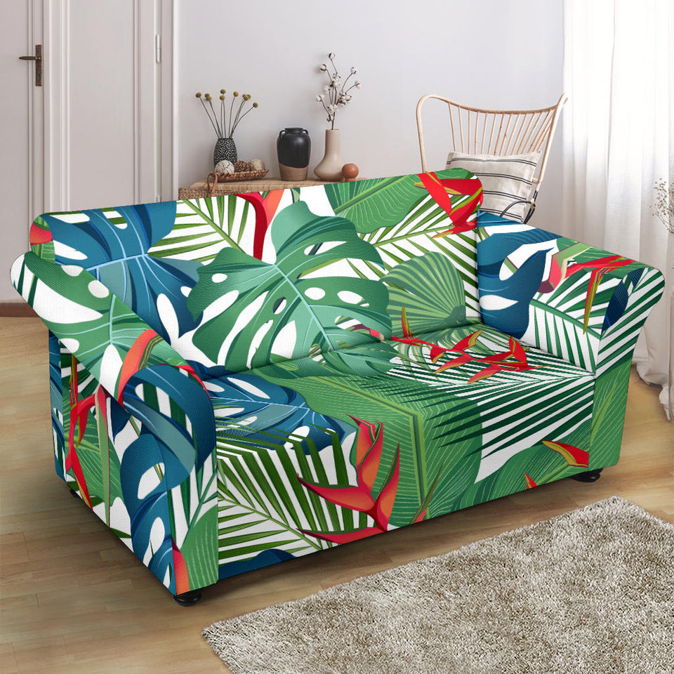 Heliconia Palm And Monstera  Leaves Pattern Loveseat Couch Slipcover