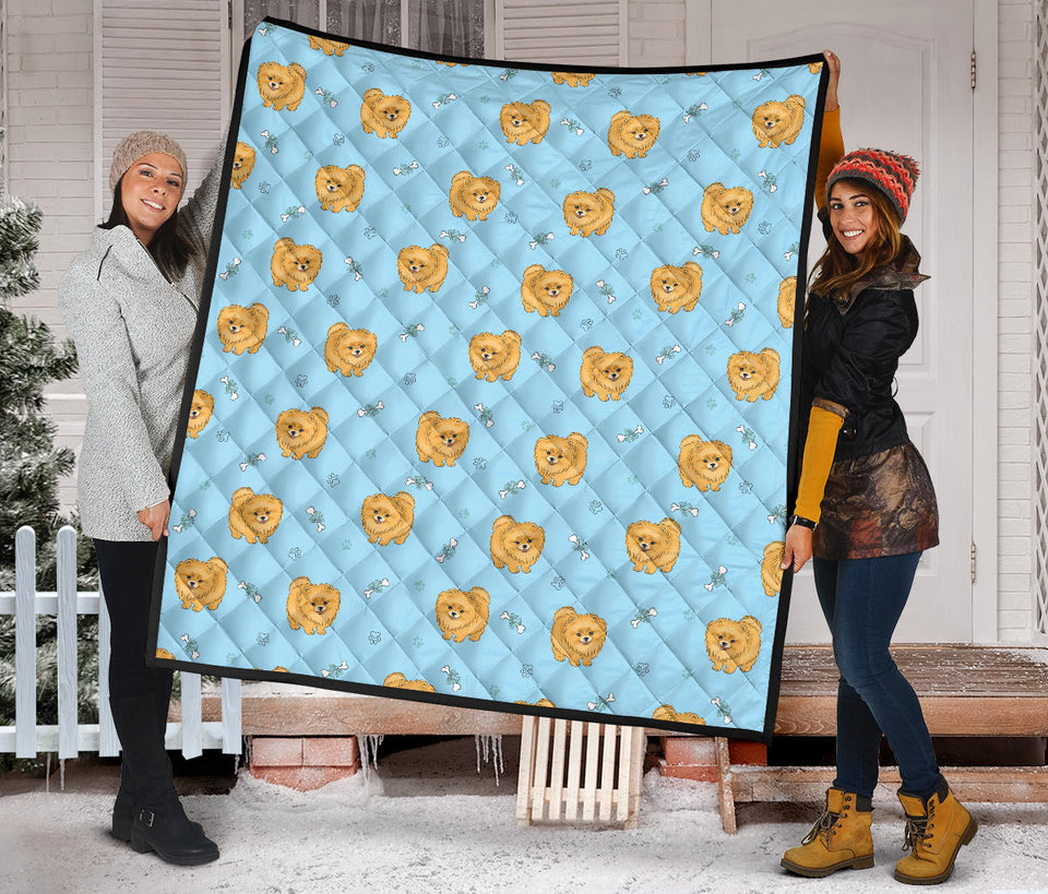 Brown Cute Pomeranian Blue Blackground Premium Quilt