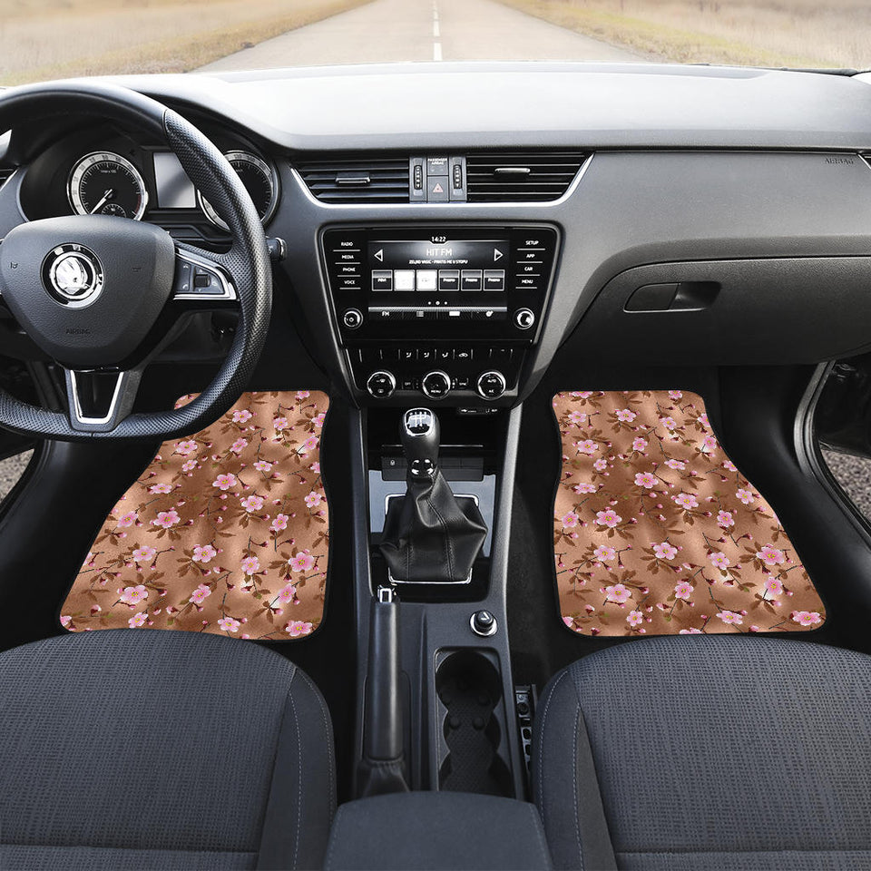 Pink Sakura Cherry Blossom Drak Brown Background Front Car Mats