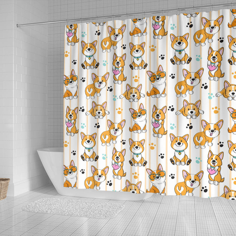 Cute Dog Corgi Striped Background Pattern Shower Curtain Fulfilled In US