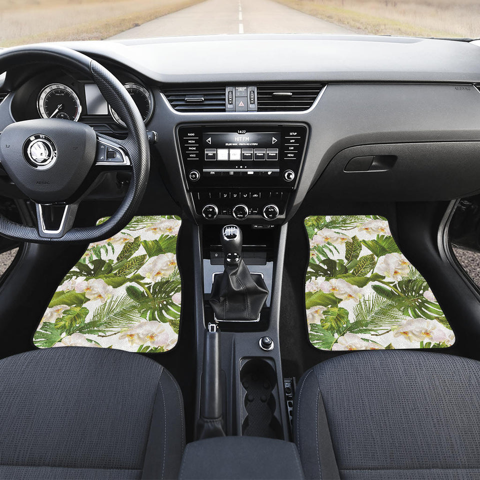 White Orchid Flower Tropical Leaves Pattern Front And Back Car Mats