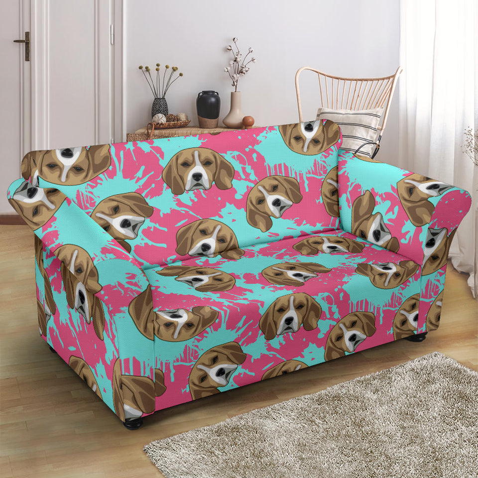 Beagle Muzzles Turquoise Paint Splashes Pink Pattern Loveseat Couch Slipcover