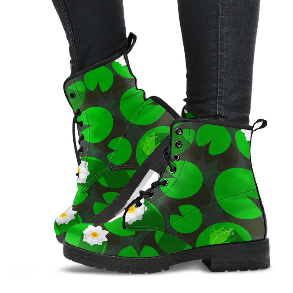 Frog Waterlily Pattern Leather Boots