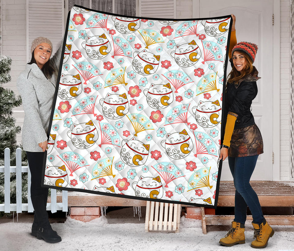 Maneki Neko Lucky Cat Fan Sakura Premium Quilt