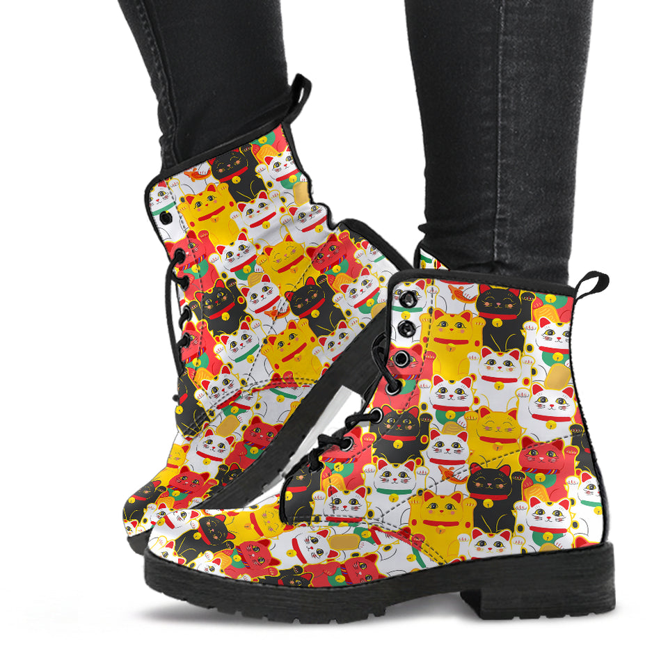 Colorful Maneki Neko Lucky Cat Pattern Leather Boots