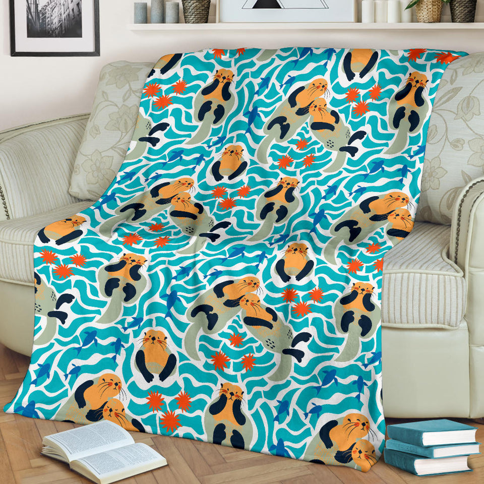 Cute Sea Otters Fishe Sea Urchin Pattern Premium Blanket