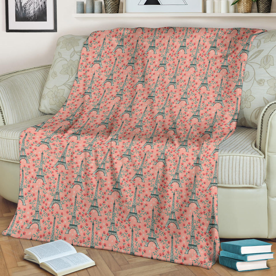 Eiffel Tower Flower Background Pattern Print Design 03 Premium Blanket