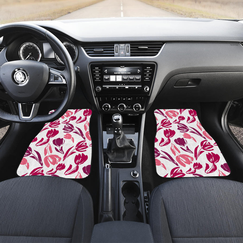 Pink Sketch Tulip Pattern Front And Back Car Mats