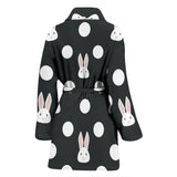 Cute White Rabbit Polka Dots Black Background Women'S Bathrobe