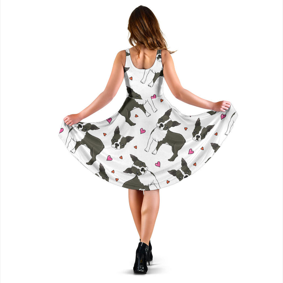 Boston Terrier Dog Hearts Vector Pattern Sleeveless Midi Dress
