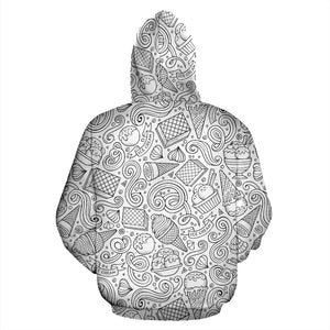 Cartoon Hand Drawn Ice Cream Black White Zip Up Hoodie