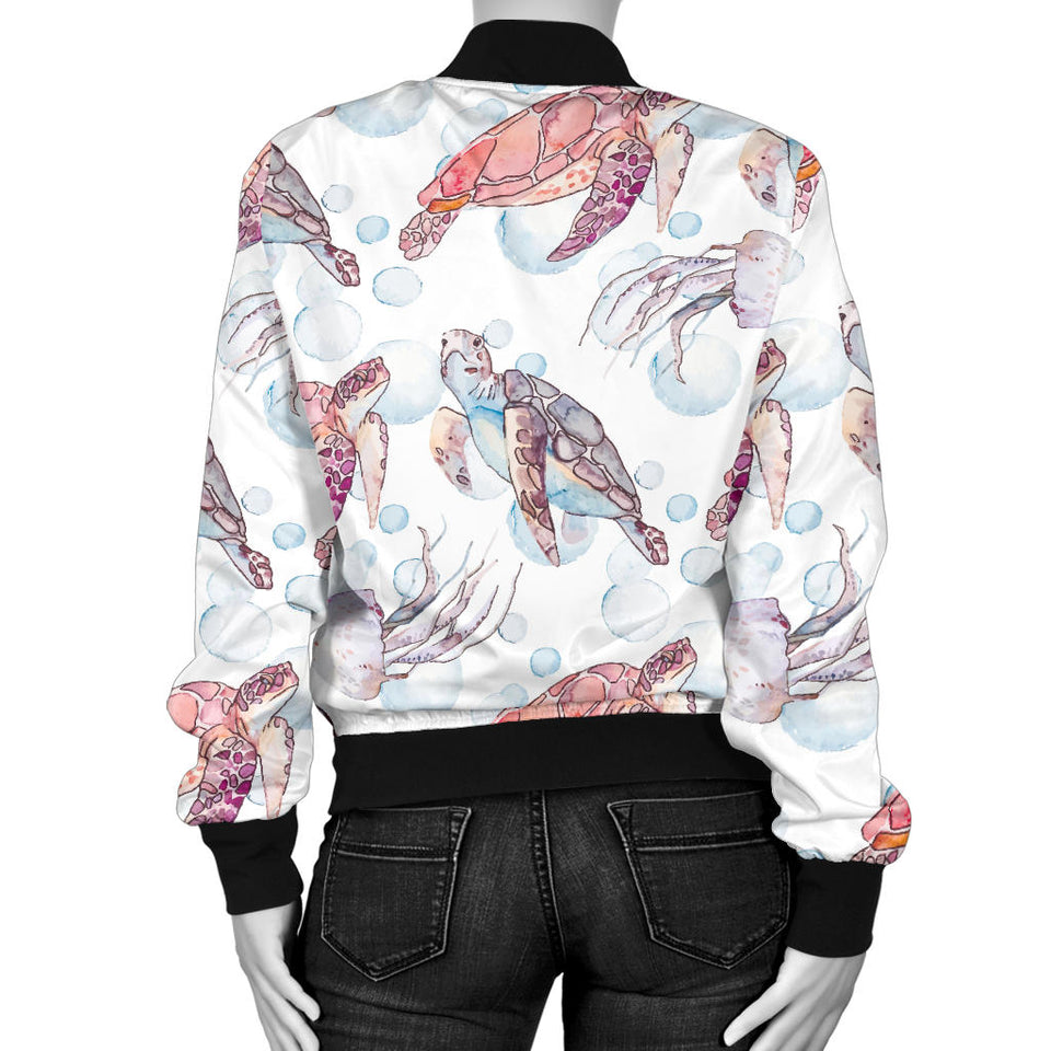 Watercolor Sea Turtle Jellyfish Pattern Women'S Bomber Jacket
