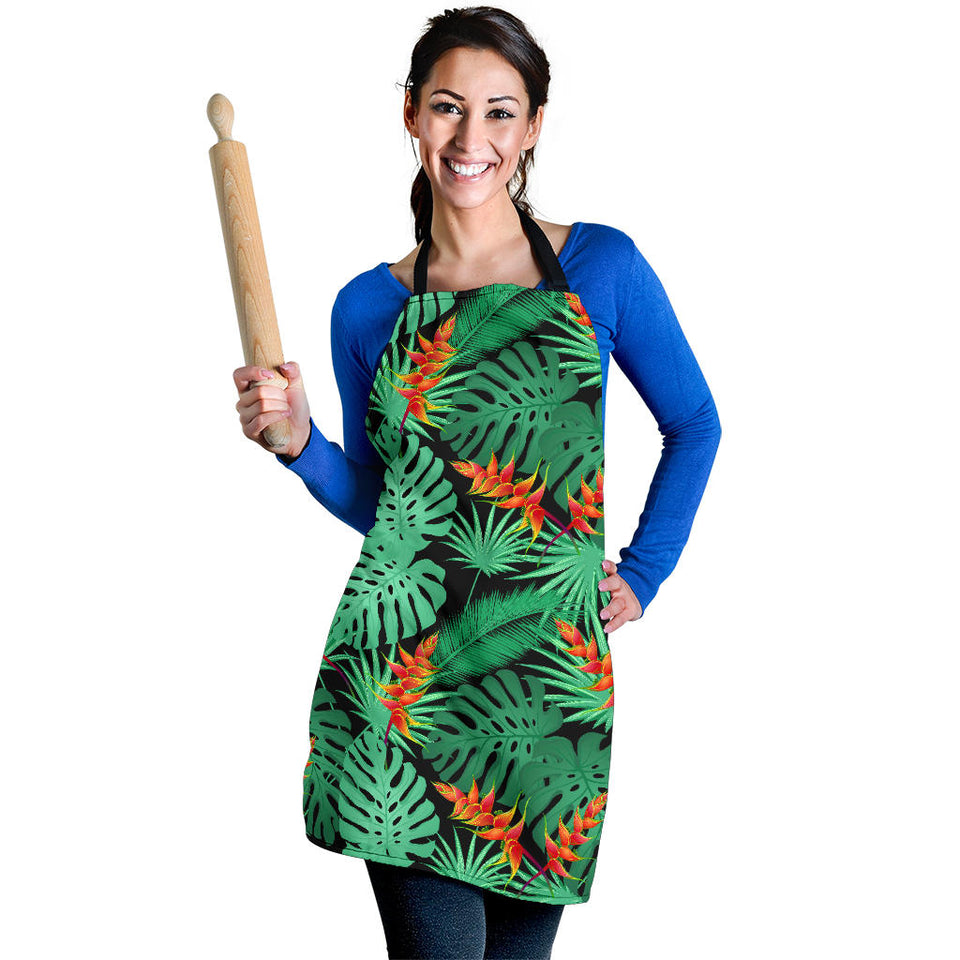 Heliconia Flower Palm Monstera Leaves Black Background Adjustable Apron