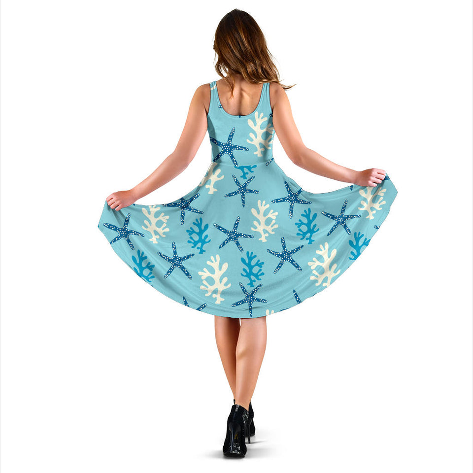 Blue Starfish Coral Reef Pattern Sleeveless Midi Dress