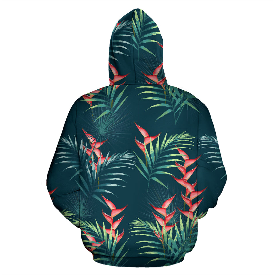 Heliconia Flowers, Palm And Monstera Leaves On Black Background Pattern Zip Up Hoodie