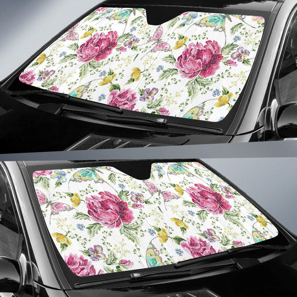 Hand Drawn Butterfly Rose Car Sun Shade