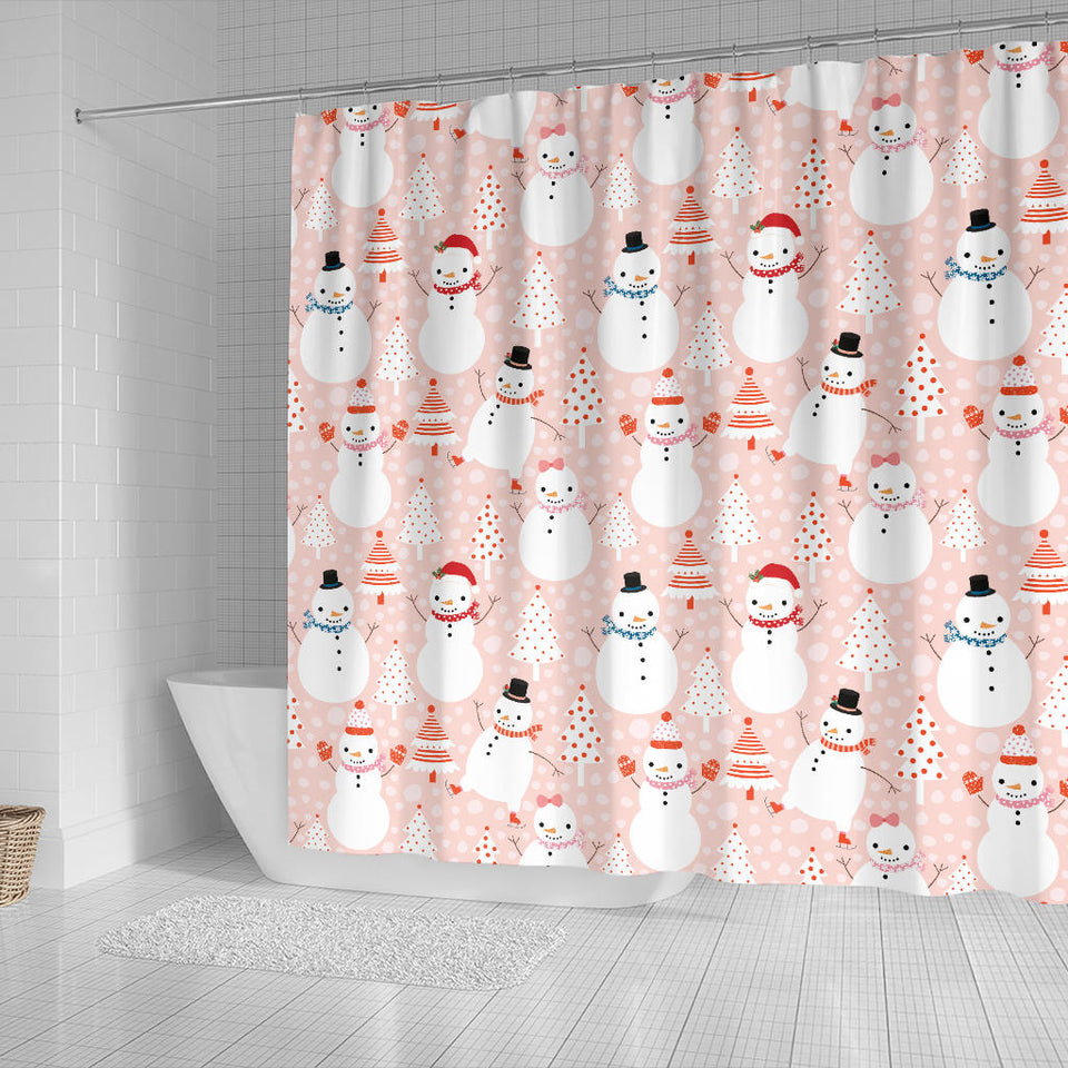 Cute Snowman Christmas Tree Snowpink Background Shower Curtain Fulfilled In US