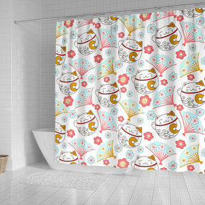 Maneki Neko Lucky Cat Fan Sakura Shower Curtain Fulfilled In US