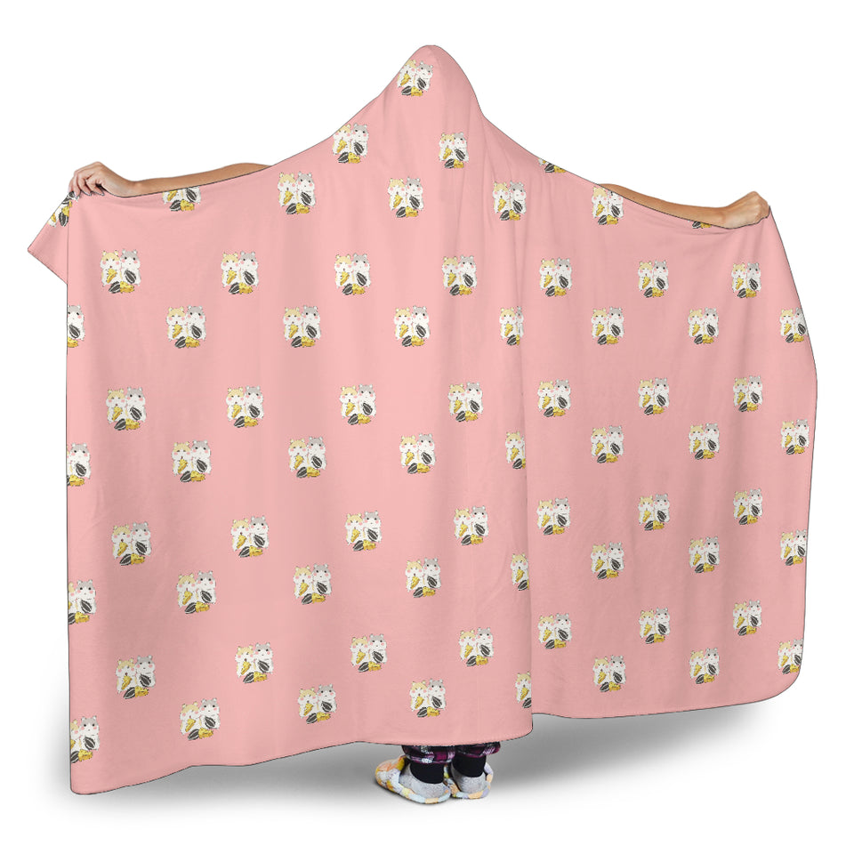 Cute Hamster Cheese Pattern Pink Background Hooded Blanket
