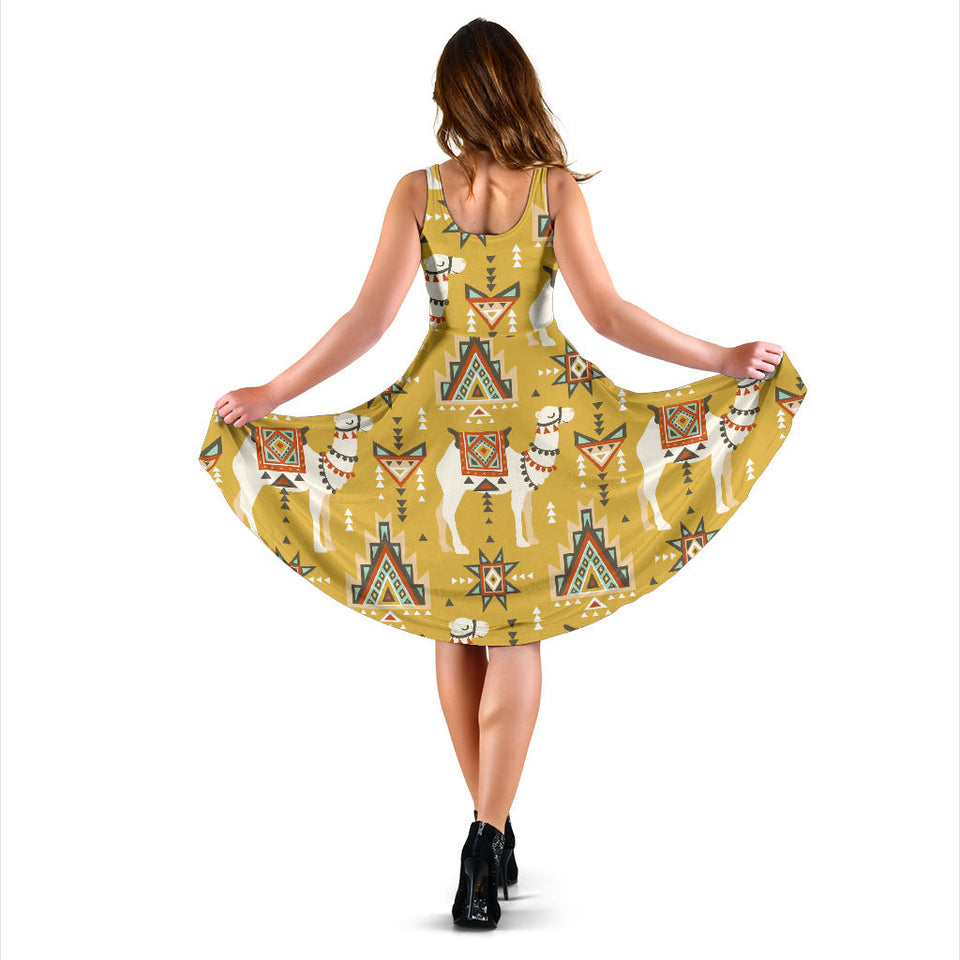 Camels Ethnic Motif Pattern Sleeveless Midi Dress