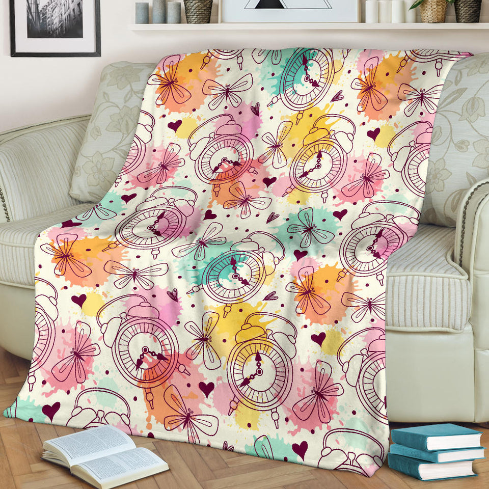 Clock Butterfly Pattern Premium Blanket