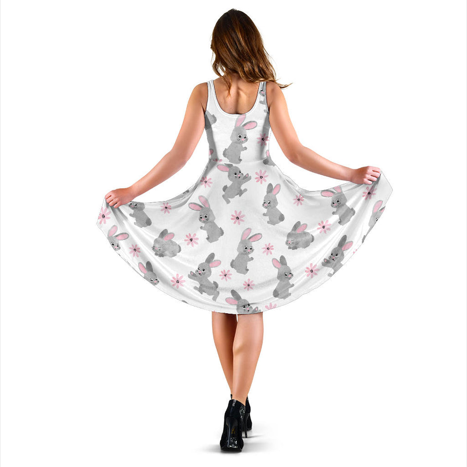 Watercolor Cute Rabbit Pattern Sleeveless Midi Dress