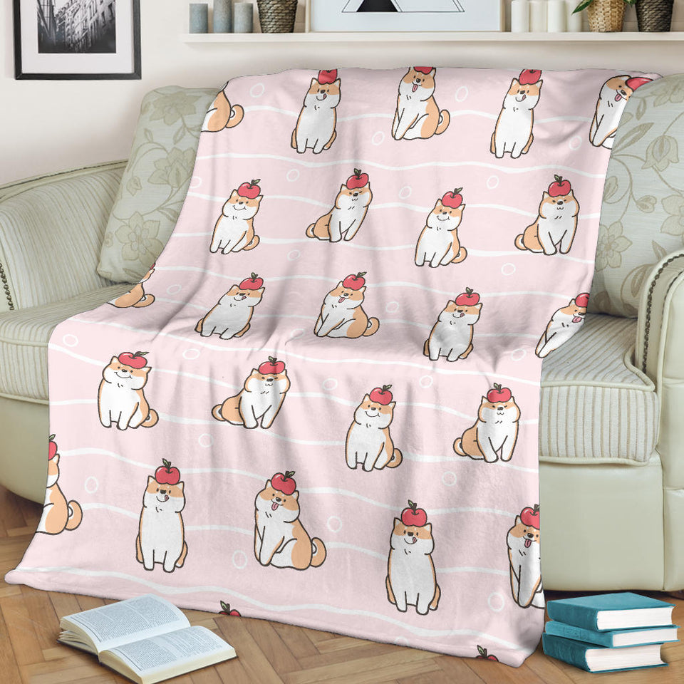 Cute Shiba Inu Dog Apple Pattern Premium Blanket