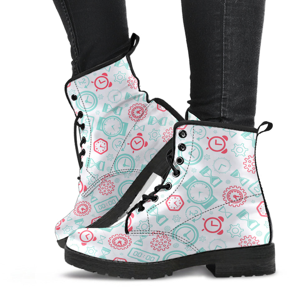Clock Time Pattern Blackground Leather Boots