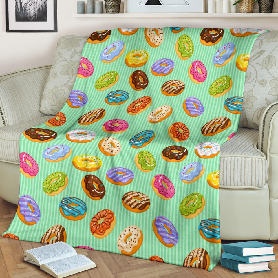 Colorful Donut Pattern Green Background Premium Blanket