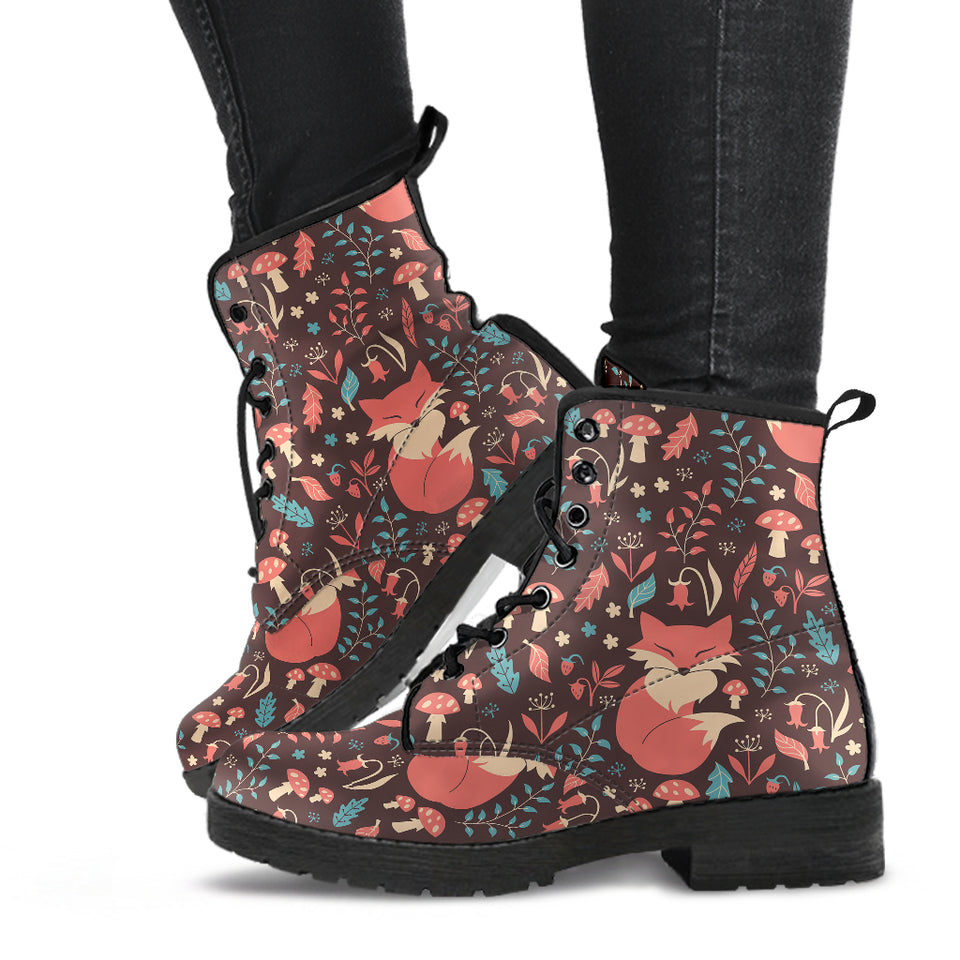 Fox Leaves Mushroom Pattern Leather Boots