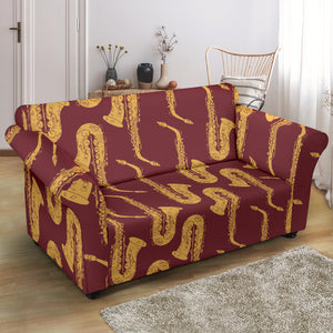 Hand Drawn Gold Saxophone Red Background  Loveseat Couch Slipcover