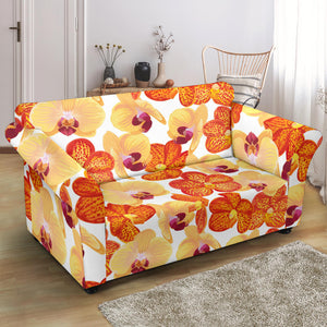 Orange Yellow Orchid Flower Pattern Background Loveseat Couch Slipcover