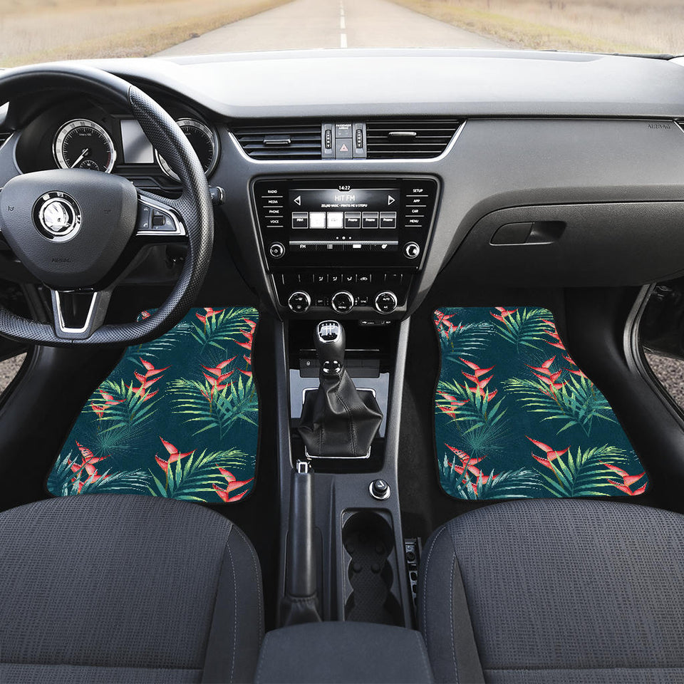 Heliconia Flowers, Palm And Monstera Leaves On Black Background Pattern Front And Back Car Mats