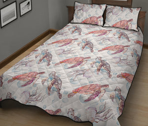 Watercolor sea turtle jellyfish pattern Quilt Bed Set