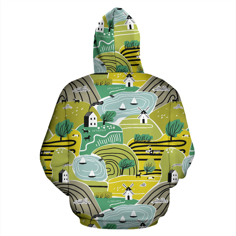 Hand Drawn Windmill Pattern Zip Up Hoodie