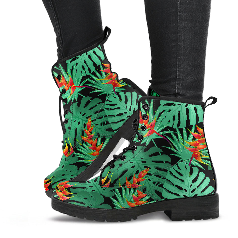 Heliconia Flower Palm Monstera Leaves Black Background Leather Boots