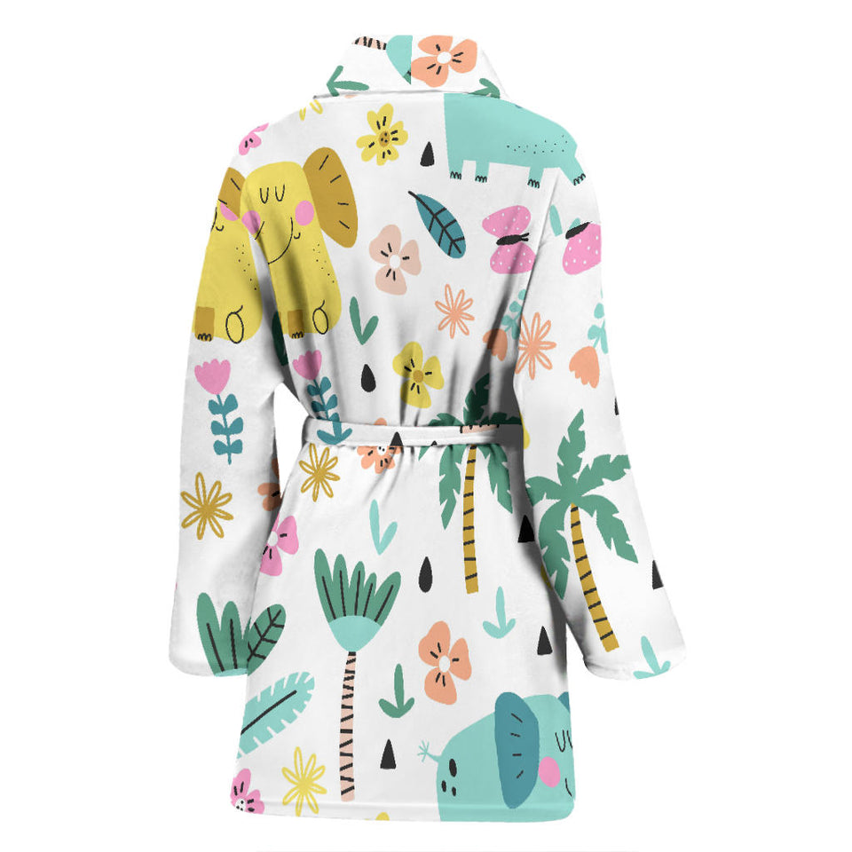 Cute Elephants Palm Tree Flower Butterfly Pattern Women'S Bathrobe