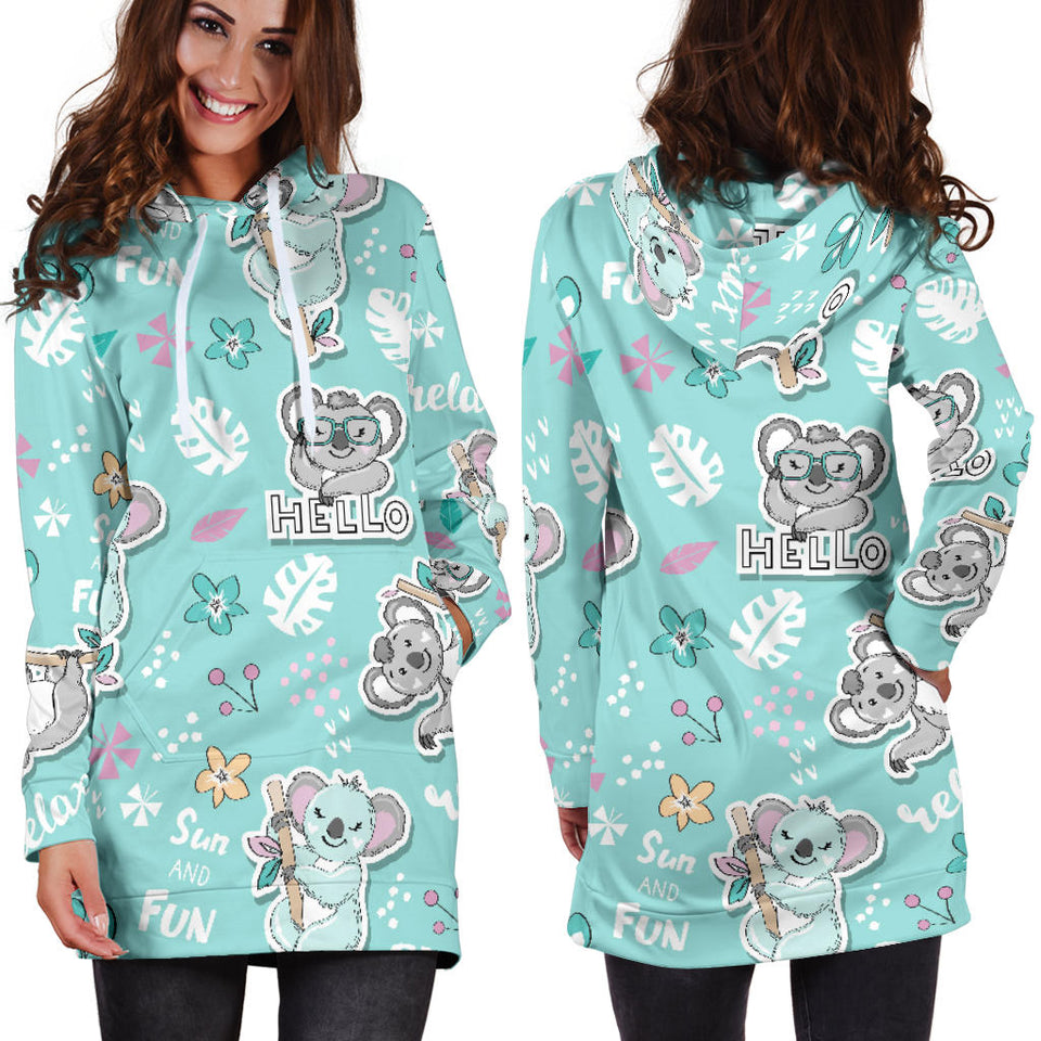 Cute Koalas Blue Background Pattern Women'S Hoodie Dress