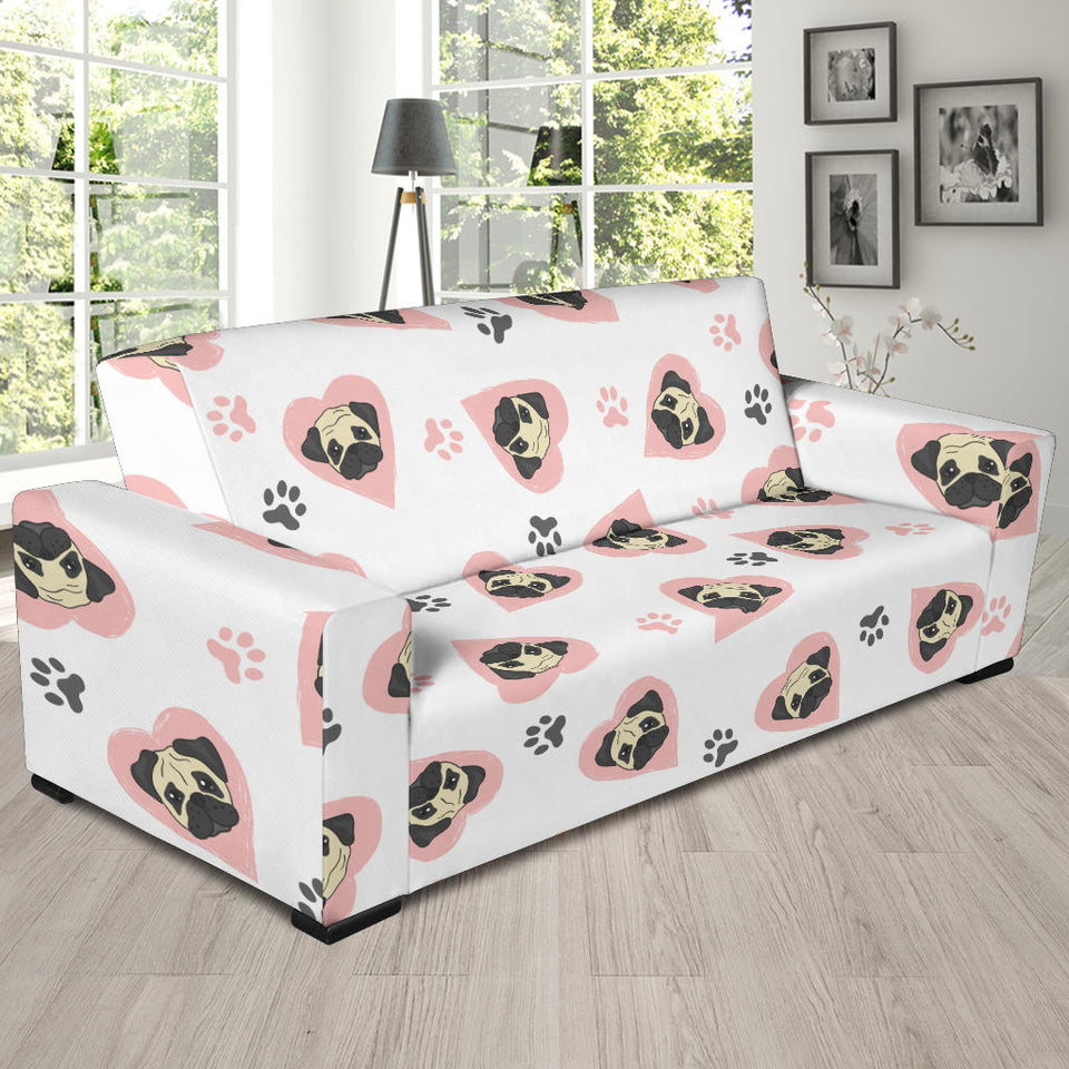 Cute Pugs Pink Heart Paw Pattern Sofa Slipcover