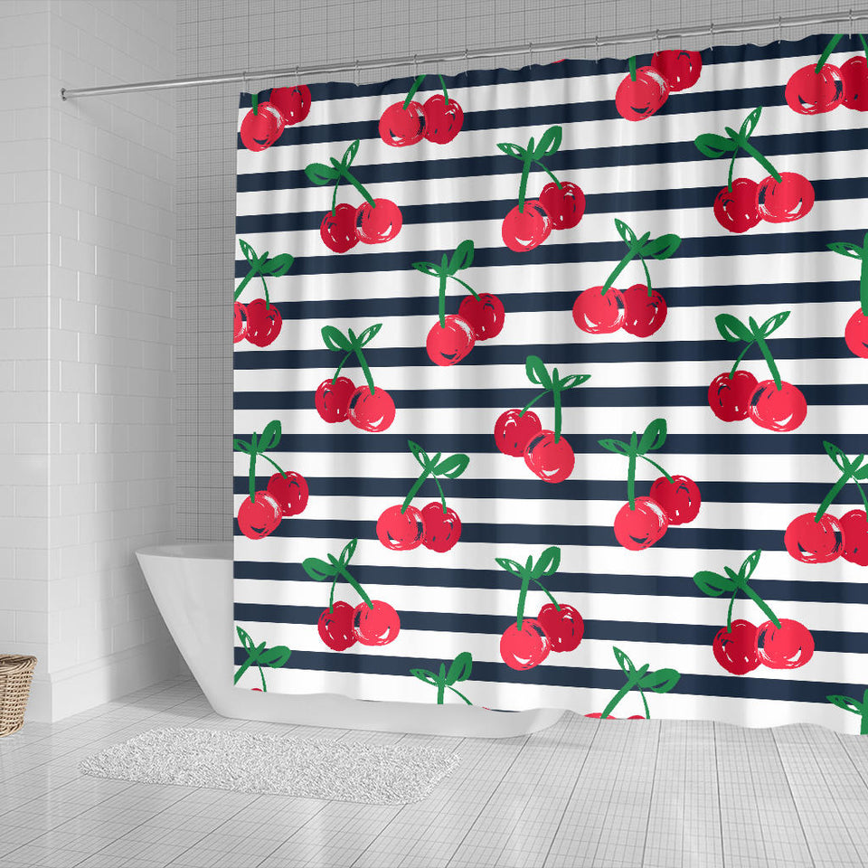 Hand Drawn Cherry Pattern Striped Background Shower Curtain Fulfilled In US